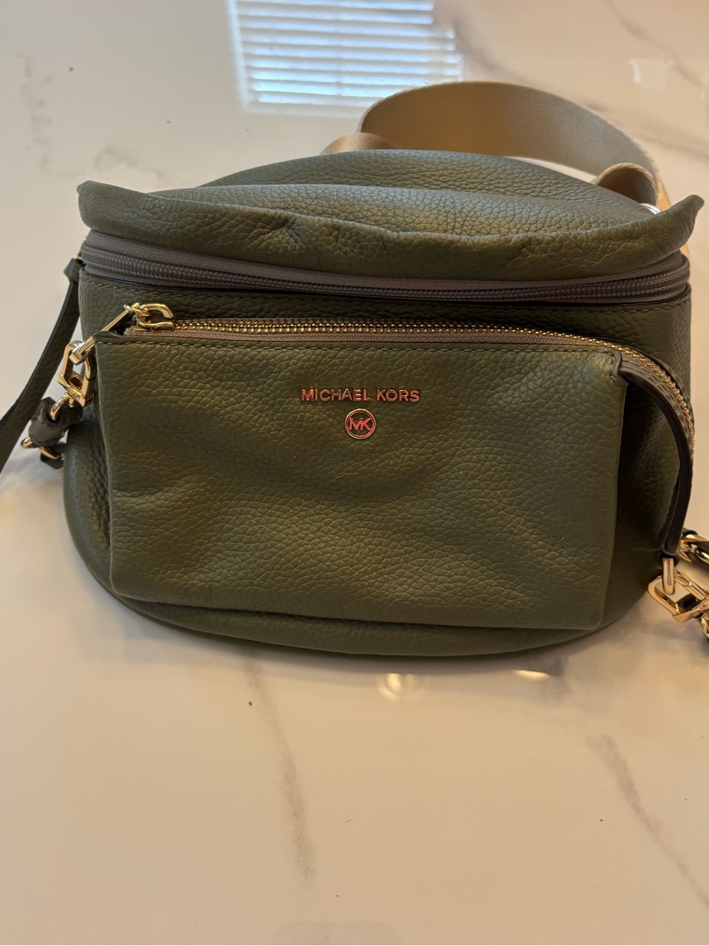 Michael Kors Olive Green Pebbled Leather Belt Bag with Gold Hardware